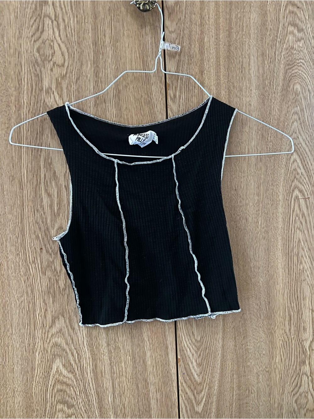 Princess Polly Black Ribbed Crop Tank with White Lettuce-Edge Stitching